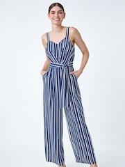 Roman Blue Stripe Print Pocket Jumpsuit - Image 1 of 5