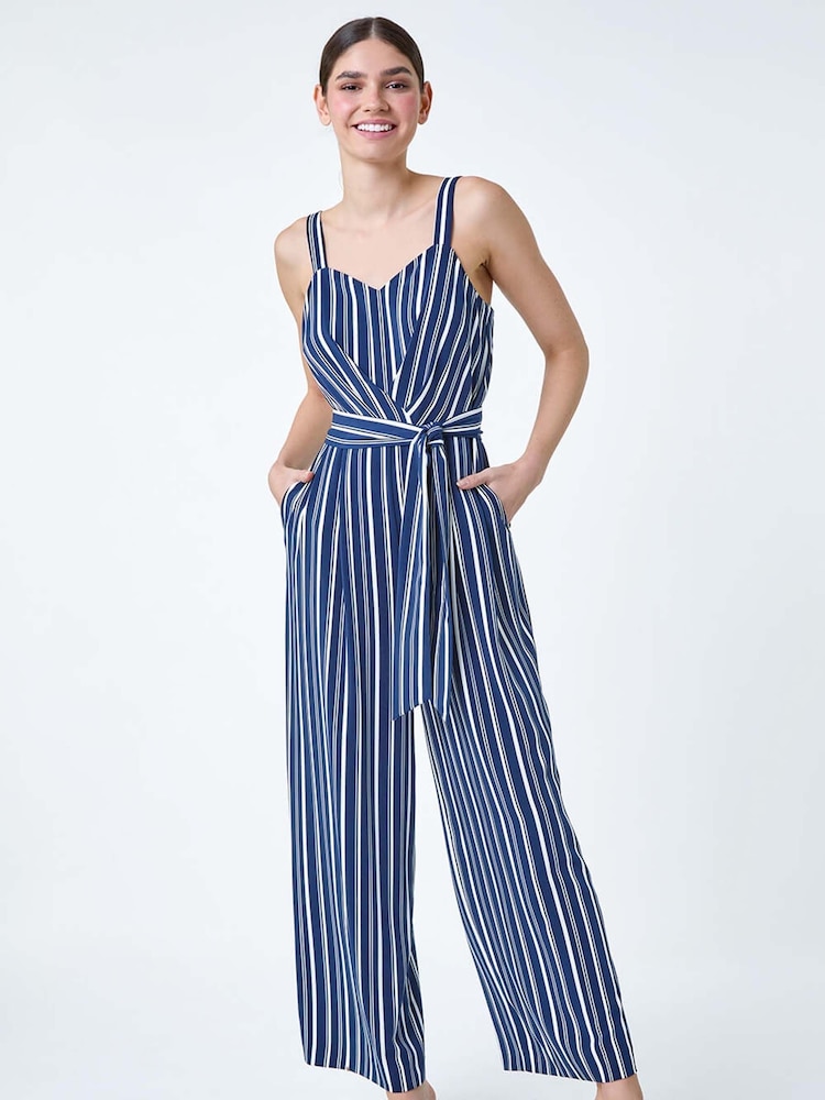 Roman Blue Stripe Print Pocket Jumpsuit - Image 1 of 5