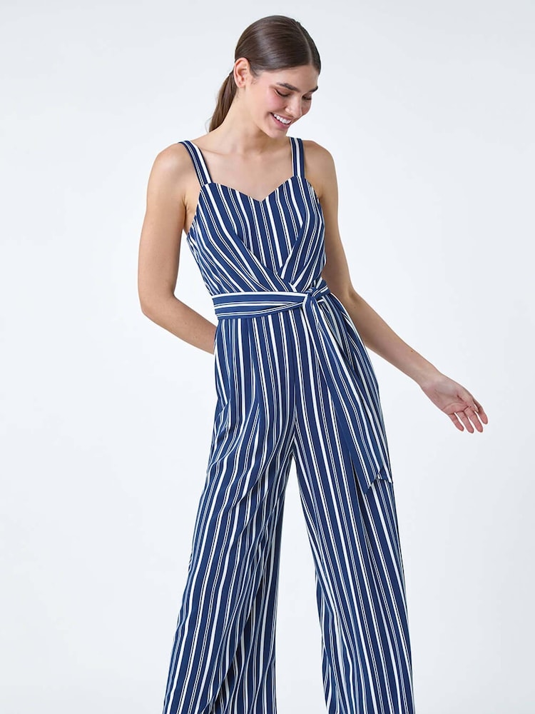Roman Blue Stripe Print Pocket Jumpsuit - Image 2 of 5