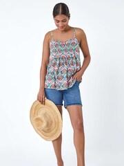 Roman Green Abstract Print Pleat Front Cami Top - Image 1 of 5