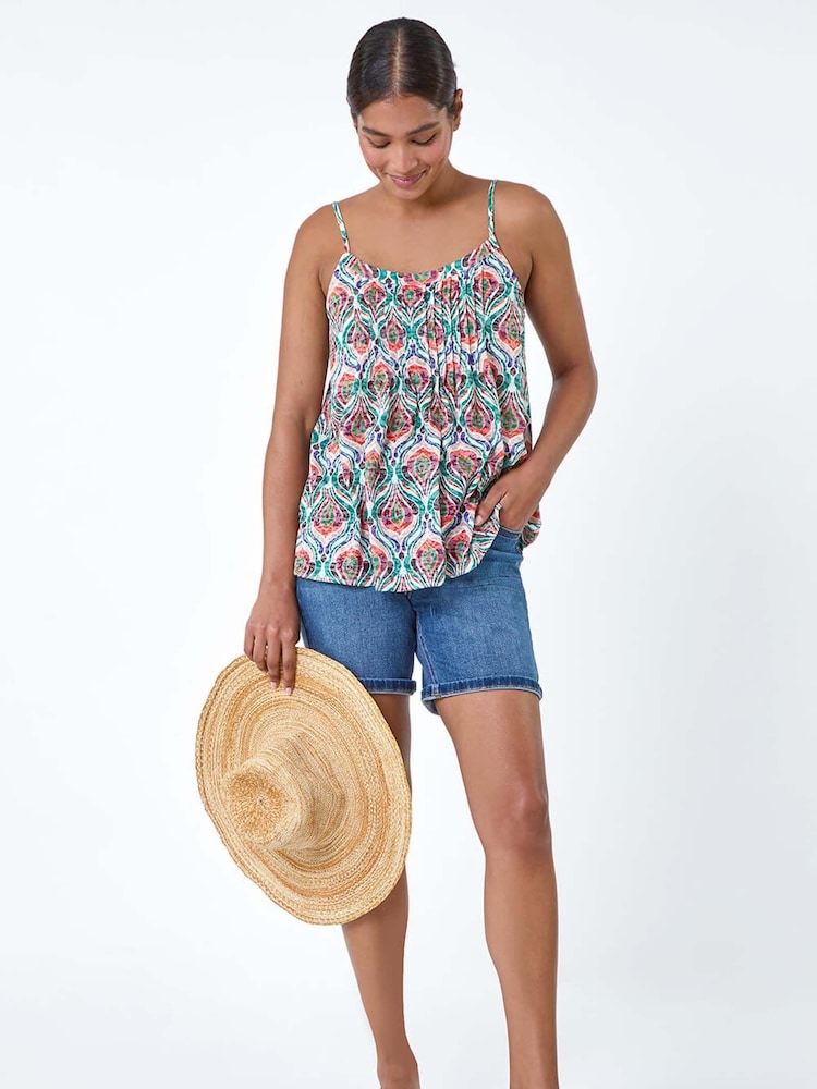 Roman Green Abstract Print Pleat Front Cami Top - Image 1 of 5