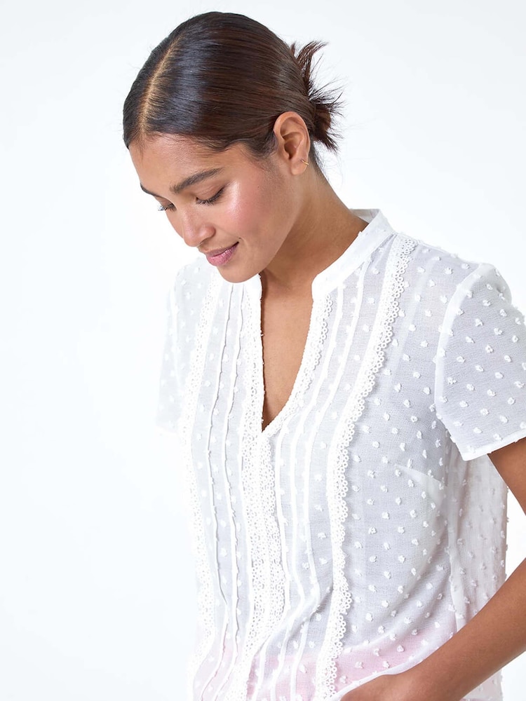 Roman White Textured Spot Lace Trim Top - Image 1 of 5