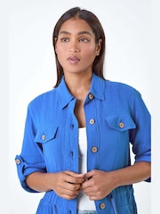 Roman Blue 100% Cotton Textured Tie Waist Utility Style Shirt Jacket - Image 4 of 6