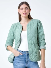 Roman Green Floral Print Lining 100% Cotton Quilted Jacket - Image 1 of 5
