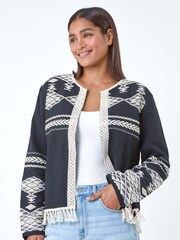Roman Black Cotton Blend Aztec Style Fringe Detail Jacket - Image 1 of 5