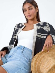 Roman Black Cotton Blend Aztec Style Fringe Detail Jacket - Image 2 of 5