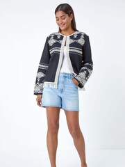 Roman Black Cotton Blend Aztec Style Fringe Detail Jacket - Image 3 of 5