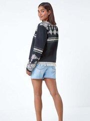 Roman Black Cotton Blend Aztec Style Fringe Detail Jacket - Image 4 of 5
