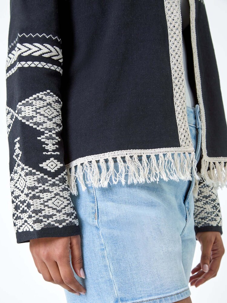 Roman Black Cotton Blend Aztec Style Fringe Detail Jacket - Image 5 of 5