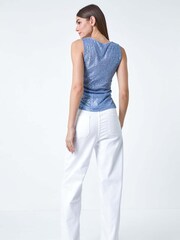 Roman Blue Sequin Embellished Stretch Vest Top - Image 4 of 5