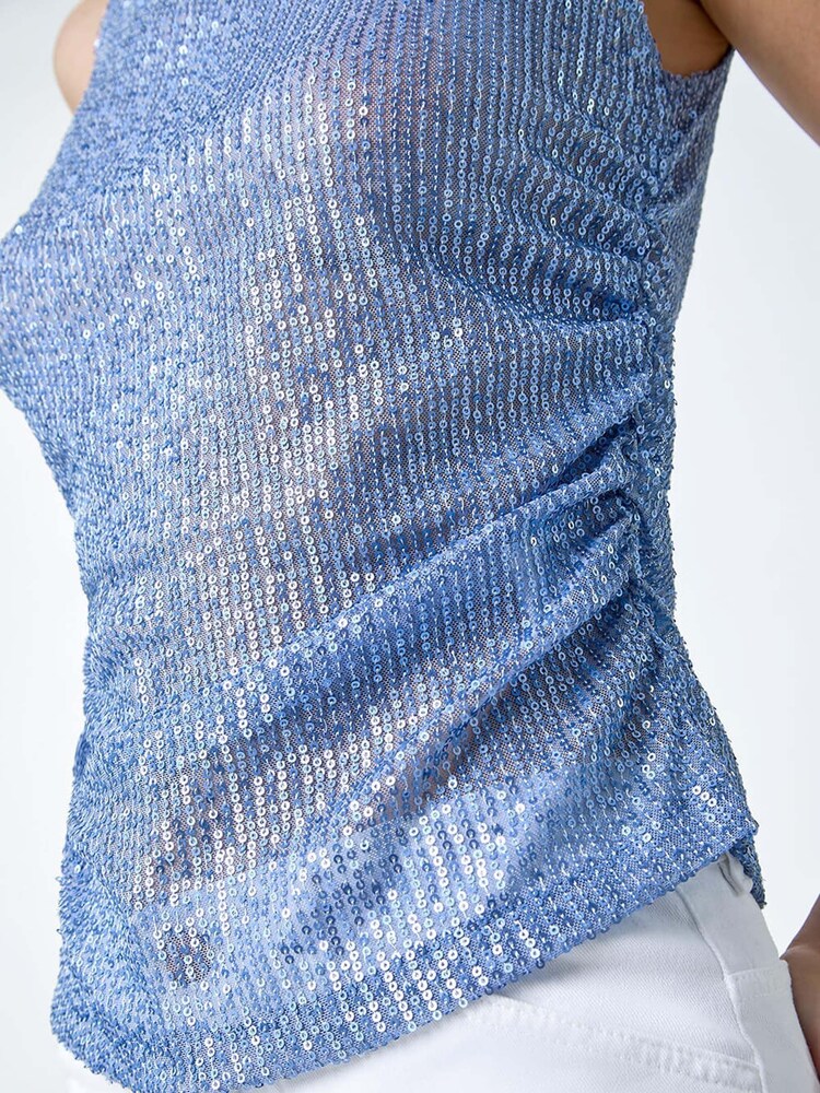 Roman Blue Sequin Embellished Stretch Vest Top - Image 5 of 5