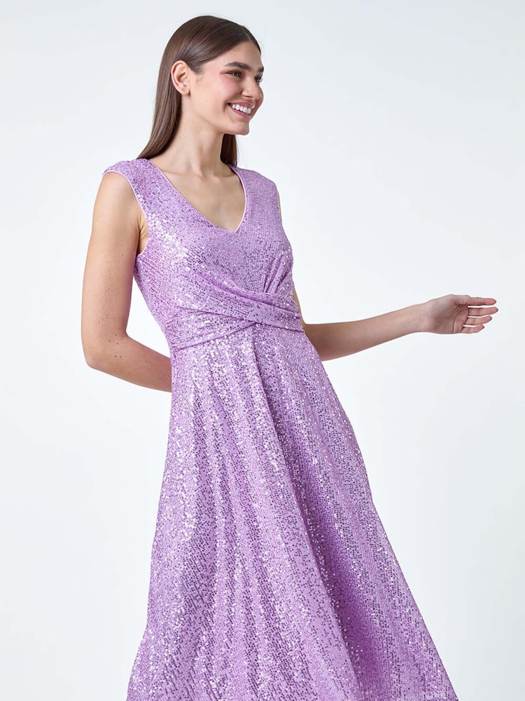 Roman Purple Sequin Wrap Detail Midi Dress - Image 1 of 5