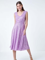 Roman Purple Sequin Wrap Detail Midi Dress - Image 2 of 5