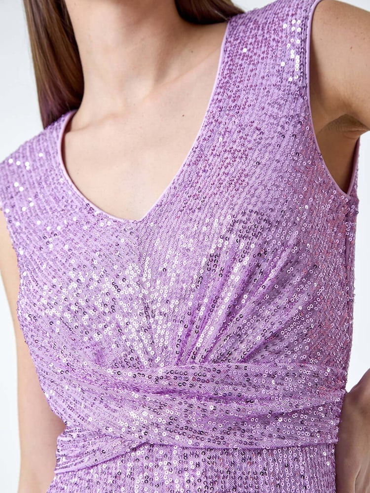 Roman Purple Sequin Wrap Detail Midi Dress - Image 5 of 5