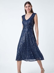 Roman Navy Blue Sequin Wrap Detail Midi Dress - Image 2 of 5