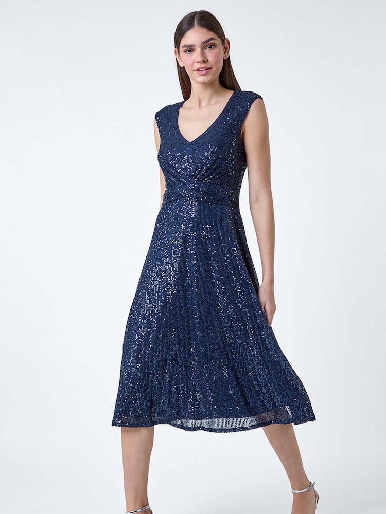Roman Navy Blue Sequin Wrap Detail Midi Dress - Image 2 of 5