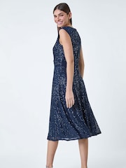 Roman Navy Blue Sequin Wrap Detail Midi Dress - Image 3 of 5