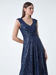 Roman Navy Blue Sequin Wrap Detail Midi Dress - Image 4 of 5