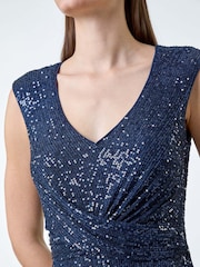 Roman Navy Blue Sequin Wrap Detail Midi Dress - Image 5 of 5
