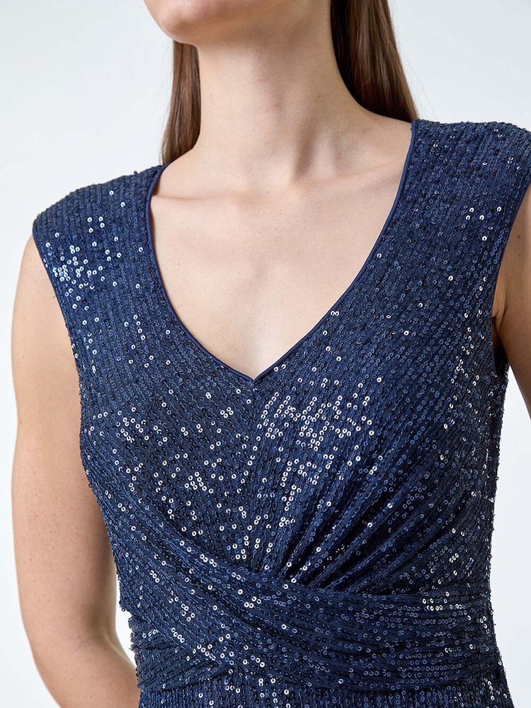 Roman Navy Blue Sequin Wrap Detail Midi Dress - Image 5 of 5