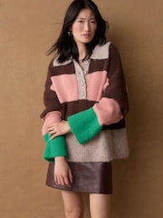 Neutral Stripe Collared Polo Knitted Jumper with Wool - Image 1 of 10