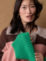 Neutral Stripe Collared Polo Knitted Jumper with Wool - Image 6 of 10