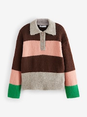 Neutral Stripe Collared Polo Knitted Jumper with Wool - Image 7 of 10