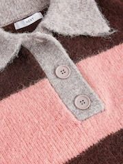 Neutral Stripe Collared Polo Knitted Jumper with Wool - Image 8 of 10