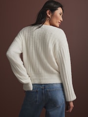White Ecru Soft Touch Fluffy V-Neck Ribbed Knitted Cardigan - Image 2 of 8