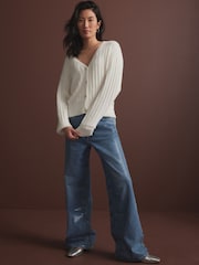 White Ecru Soft Touch Fluffy V-Neck Ribbed Knitted Cardigan - Image 3 of 8