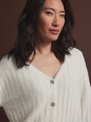 White Ecru Soft Touch Fluffy V-Neck Ribbed Knitted Cardigan - Image 4 of 8
