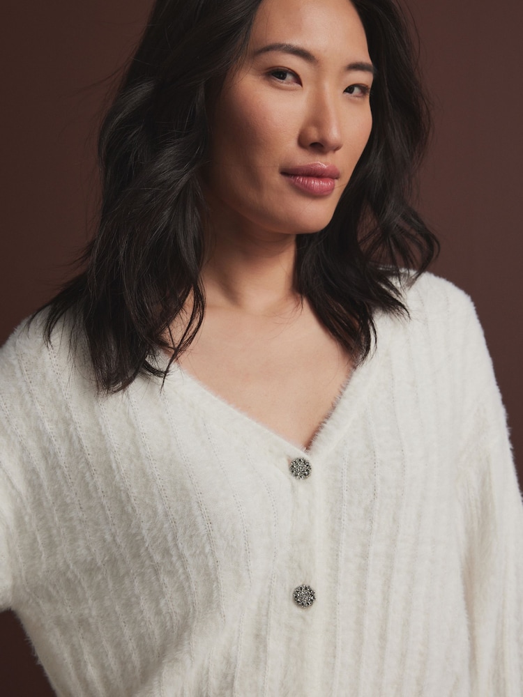 Buy White Ecru Soft Touch Fluffy V-Neck Ribbed Knitted Cardigan 