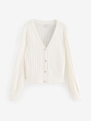 White Ecru Soft Touch Fluffy V-Neck Ribbed Knitted Cardigan - Image 5 of 8