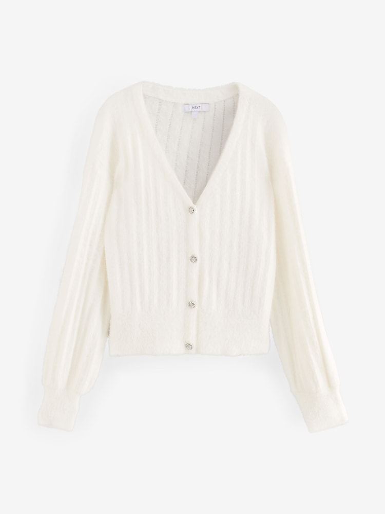 Buy White Ecru Soft Touch Fluffy V-Neck Ribbed Knitted Cardigan 