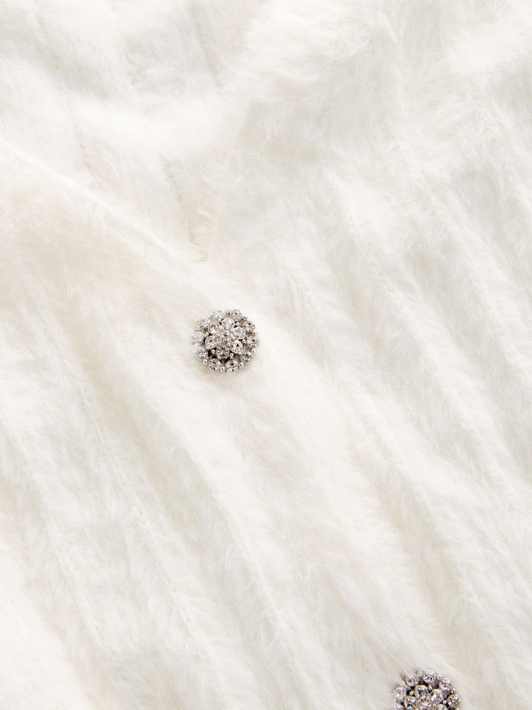 White Ecru Soft Touch Fluffy V-Neck Ribbed Knitted Cardigan - Image 8 of 8
