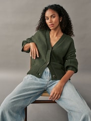 Green Khaki Olive Soft Touch Seam Detail Button Through Knitted Cardigan with Wool - Image 1 of 7