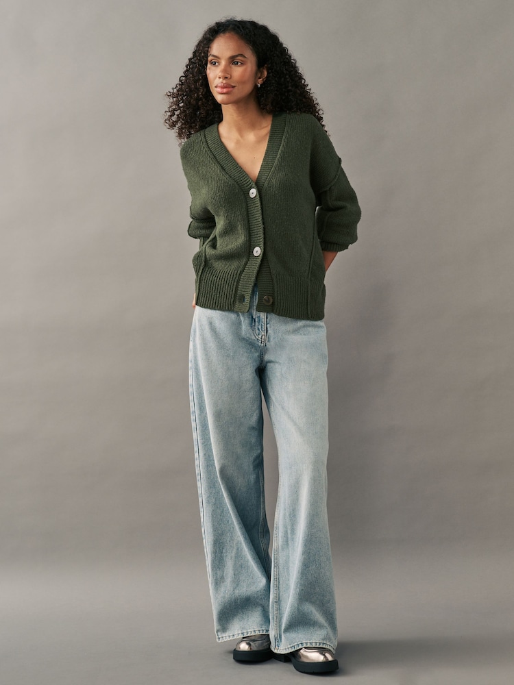 Green Khaki Olive Soft Touch Seam Detail Button Through Knitted Cardigan with Wool - Image 2 of 7