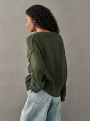 Green Khaki Olive Soft Touch Seam Detail Button Through Knitted Cardigan with Wool - Image 3 of 7
