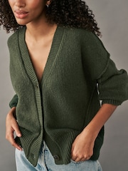 Green Khaki Olive Soft Touch Seam Detail Button Through Knitted Cardigan with Wool - Image 4 of 7