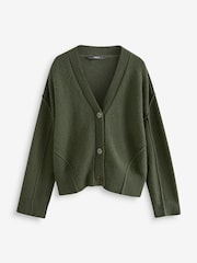 Green Khaki Olive Soft Touch Seam Detail Button Through Knitted Cardigan with Wool - Image 5 of 7
