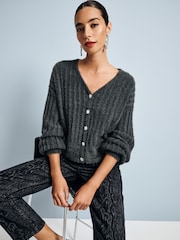 Grey Charcoal Soft Touch Fluffy V-Neck Ribbed Knitted Cardigan - Image 1 of 7