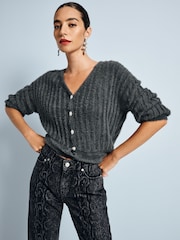 Grey Charcoal Soft Touch Fluffy V-Neck Ribbed Knitted Cardigan - Image 2 of 7