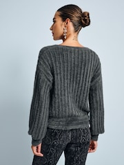 Grey Charcoal Soft Touch Fluffy V-Neck Ribbed Knitted Cardigan - Image 3 of 7