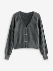 Grey Charcoal Soft Touch Fluffy V-Neck Ribbed Knitted Cardigan - Image 5 of 7