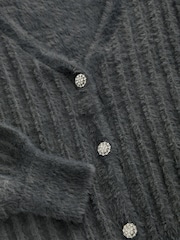 Grey Charcoal Soft Touch Fluffy V-Neck Ribbed Knitted Cardigan - Image 6 of 7
