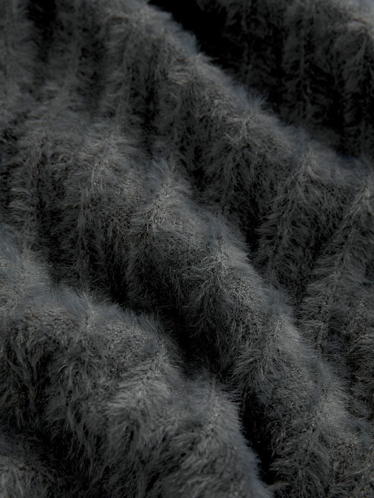 Grey Charcoal Soft Touch Fluffy V-Neck Ribbed Knitted Cardigan - Image 7 of 7