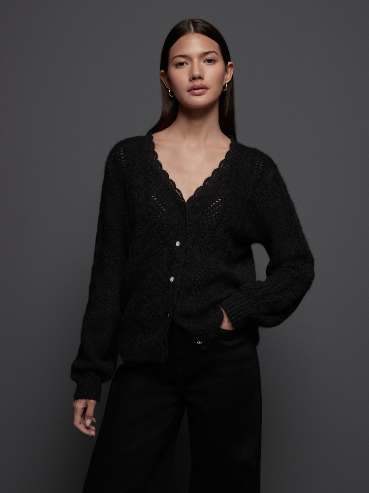 Black Gem Button Textured Lace Knitted Cardigan with Wool - Image 1 of 8