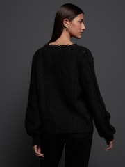 Black Gem Button Textured Lace Knitted Cardigan with Wool - Image 2 of 8