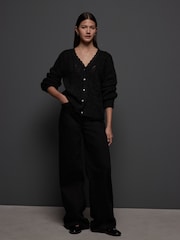 Black Gem Button Textured Lace Knitted Cardigan with Wool - Image 3 of 8