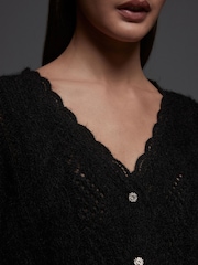 Black Gem Button Textured Lace Knitted Cardigan with Wool - Image 4 of 8